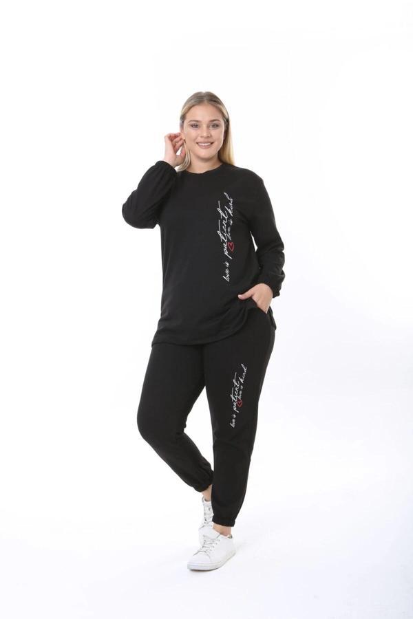 Kadın Büyük Beden Yazılı Uzun Kol Kol Paça Lastikli İkiiplik Takım - Image 1