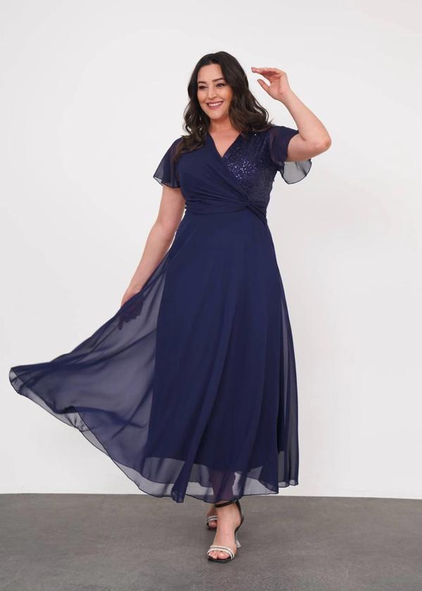 Büyük Beden Pul Detaylı Kruvaze Yaka Tüllü Şifon Kısa Kollu Abiye Elbise - Image 1