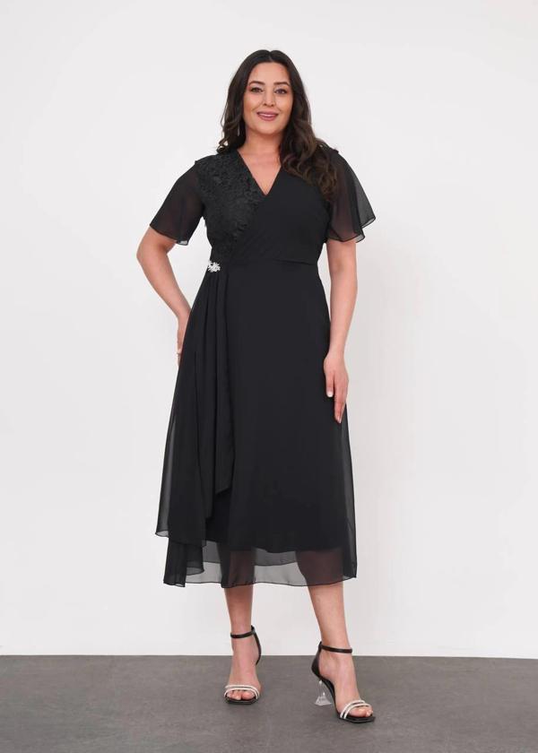 Büyük Beden Üst Dantel Detaylı Şifon Kısa Kollu Abiye Elbise - Image 1
