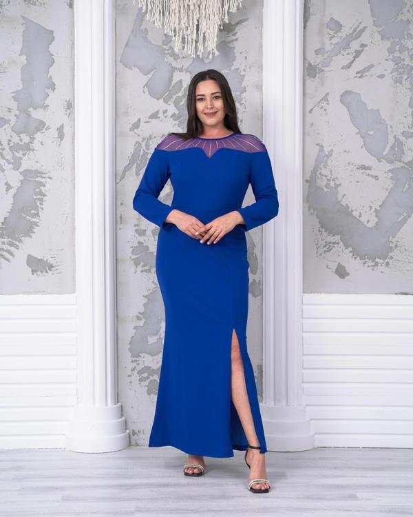 Büyük Beden Yaka Tül Detaylı Yırtmaçlı Uzun Kol Tam Boy Abiye Elbise - Image 1