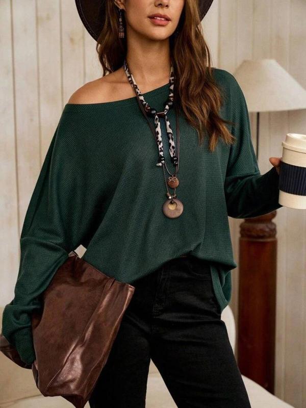 MDB Kadın Tek Omuzdan Açık Yarasa Kollu Waffle Bluz - Image 1