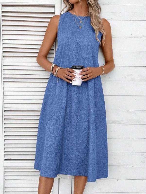 MDB Kadın Kolsuz Bisiklet Yaka Cepli Midi Keten Elbise - Image 1