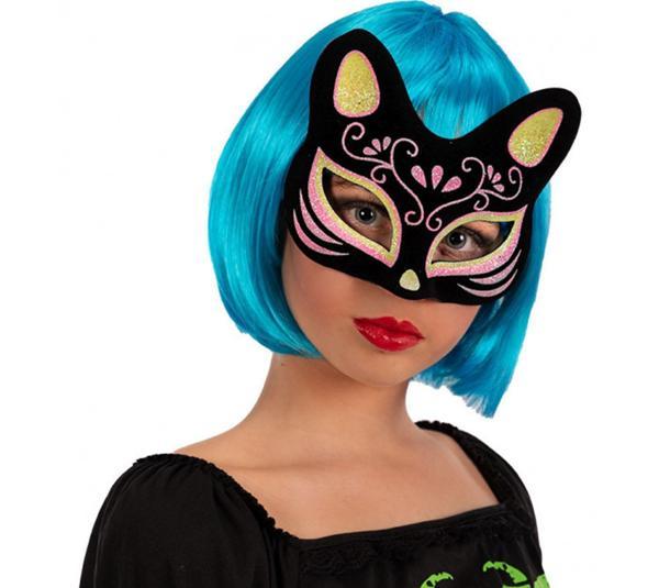 Siyah Renk Süet Kaplama Üzeri Sarı Pembe Simli Kedi Maskesi 17x14 cm - Image 1