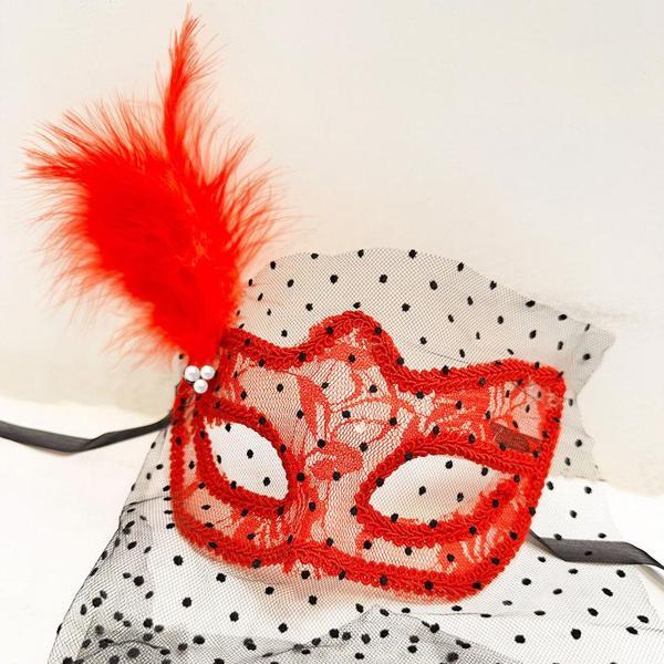 Kırmızı Renk Dantelli Duvaklı Parti Maskesi Balo - Image 1