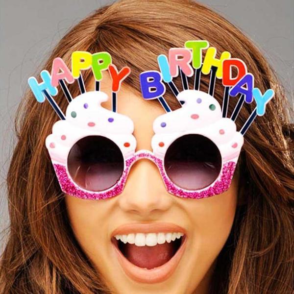 Happy Birthday Yazılı Beyaz Fuşya Renk Parti Gözlüğü 12x7 cm - Image 1