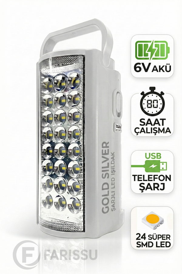 Gold Silver GS-2400 Şarjlı 24 LED Işıldak & Powerbank - 80 Saat Aydınlatma (Telefon Şarj Eder) - Image 1