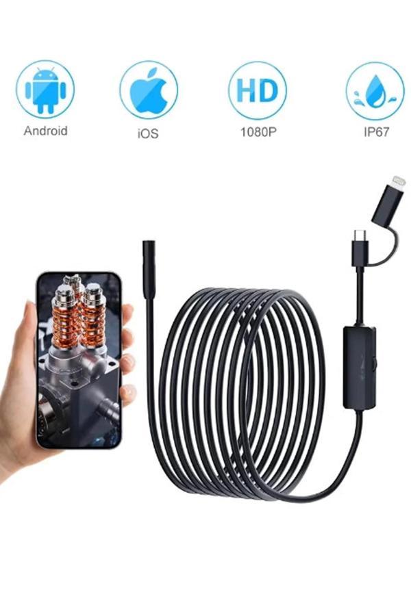 Endoskop Yılan Video Kamera Ios Ve Android Uyumlu Led’li 10 Metre 8 Mm Sert Kablo 2mp - Image 1