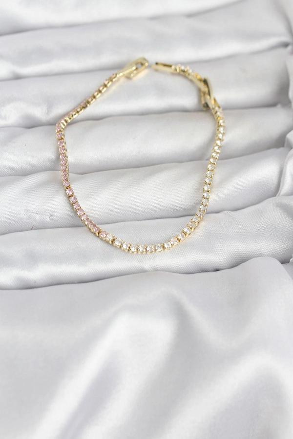 Pembe ve Beyaz Zirkon Taşlı Gold Renk Su Yolu Kadın Bileklik - Image 1