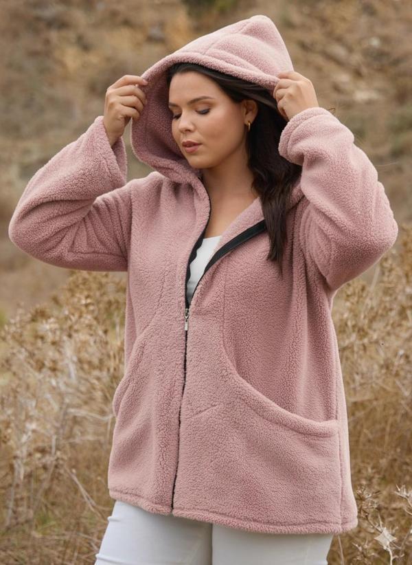 Kadın Büyük Beden Uzun Kollu Cepli Kapüşonlu Fermuarlı Peluş Hırka Ceket - Image 1