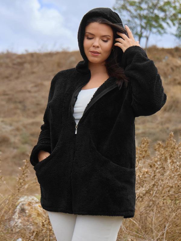 Kadın Büyük Beden Uzun Kollu Cepli Kapüşonlu Fermuarlı Peluş Hırka Ceket - Image 1