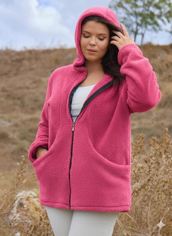 Kadın Büyük Beden Uzun Kollu Cepli Kapüşonlu Fermuarlı Peluş Hırka Ceket - Image 1