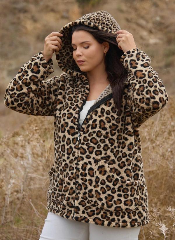 Kadın Büyük Beden Uzun Kollu Cepli Kapüşonlu Fermuarlı Peluş Hırka Ceket - Image 1