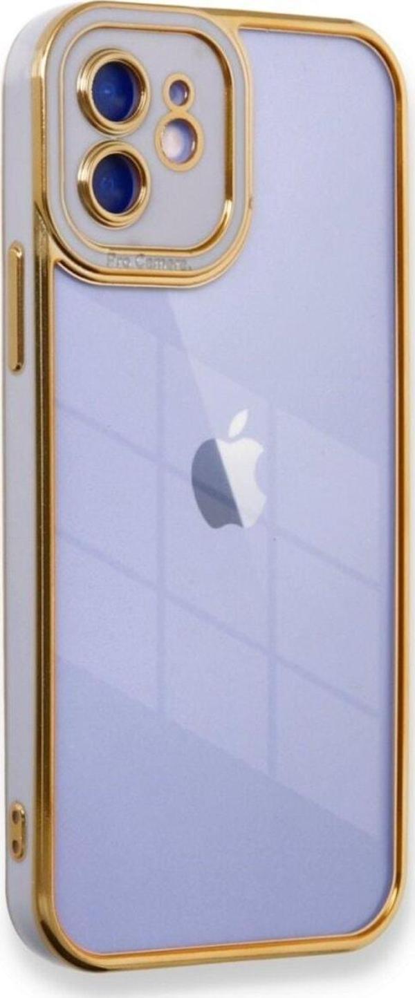 Teknomoda Apple iPhone 12 Kılıf Kamera Lens Korumalı Kenarları Renkli Gold Arkası Şeffaf Silikon - Image 1
