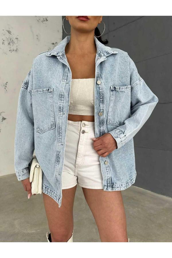 Kulina Kadın Basic Oversize Bol Kesim Jean Gömlek Ceket - Image 1