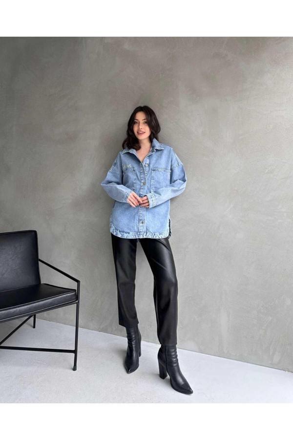 Kulina Kadın Nakış İşlemeli Oversize Boyfriend Kesim Denim Gömlek Ceket - Image 1