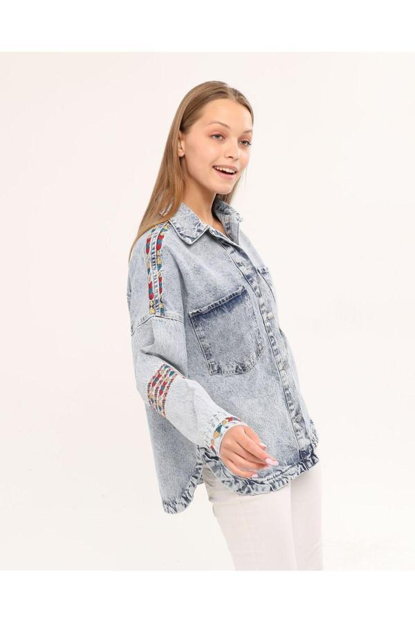 Kulina Moda Kadın Nakış Detaylı Oversize Denim Ceket - Image 1