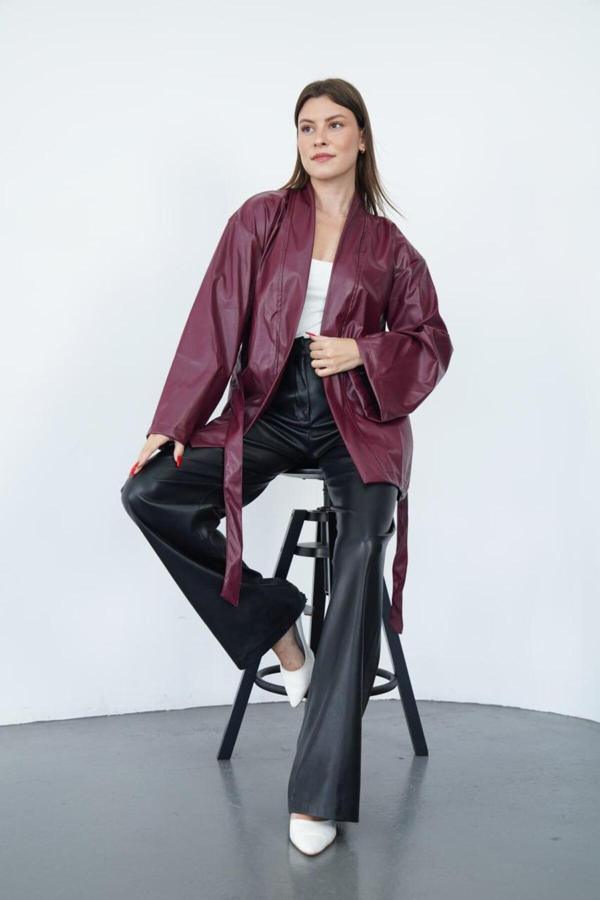 Kulina Moda Vegan Deri Geniş Kollu Kuşak Detaylı Kruvaze Ceket - Image 1