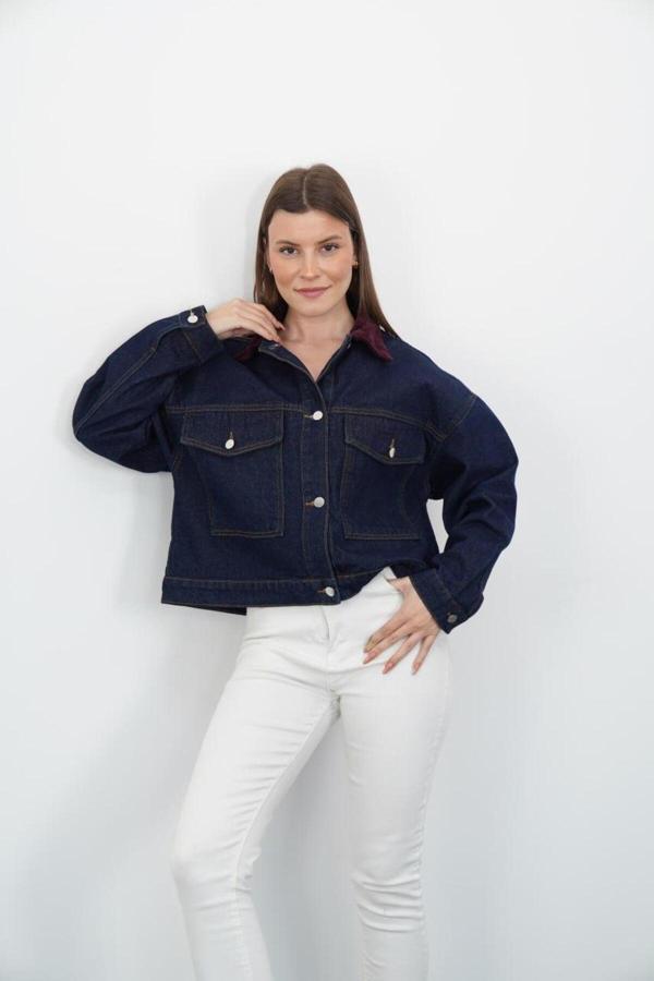 Kulina Kadın Bordo Kadife Yaka Crop Kot Ceket Oversize Kısa Denim Mont Koyu Mavi - Image 1