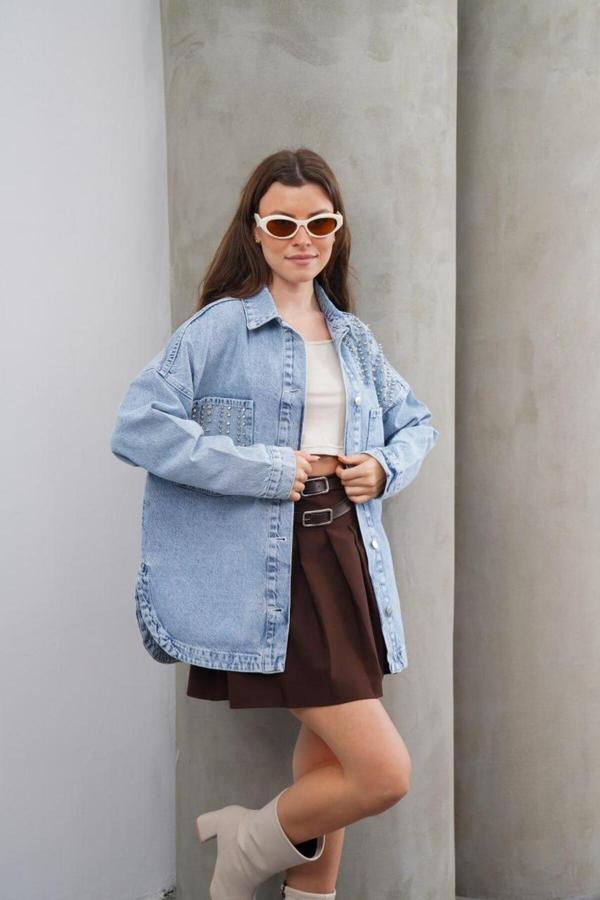 Kulina Vıp Serisi **Omuzları Kristal İşlemeli** Oversize Kot Shacket Lüks Zımba Detaylı Uzun Denim Ceket - Image 1
