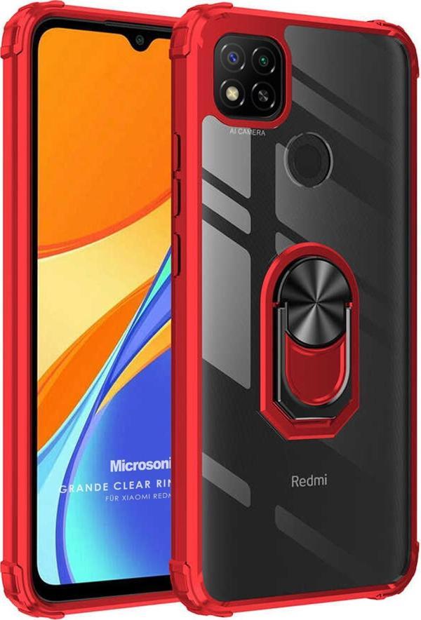 Microsonic Xiaomi Redmi 10A Kılıf Grande Clear Ring Holder Kırmızı - Image 1