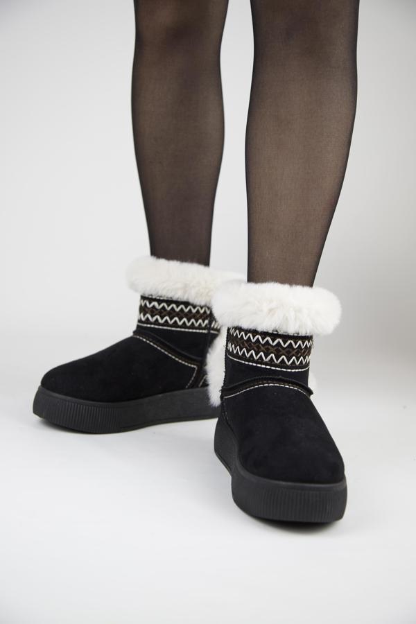 219851142-1 Kadın Yumuşak Rahat Kürklü Bot - Tekstil Süet Kışlık Siyah Bot - Image 1
