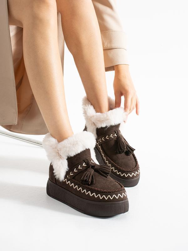 219851142-10P Kadın Yumuşak Rahat Kürklü Bot - Tekstil Süet Kışlık  Kahve Bot - Image 1
