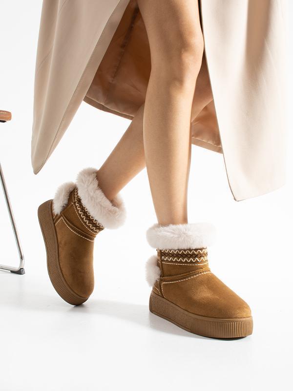 219851142-11 Kadın Yumuşak Rahat Kürklü Bot - Tekstil Süet Kışlık Taba Bot - Image 1