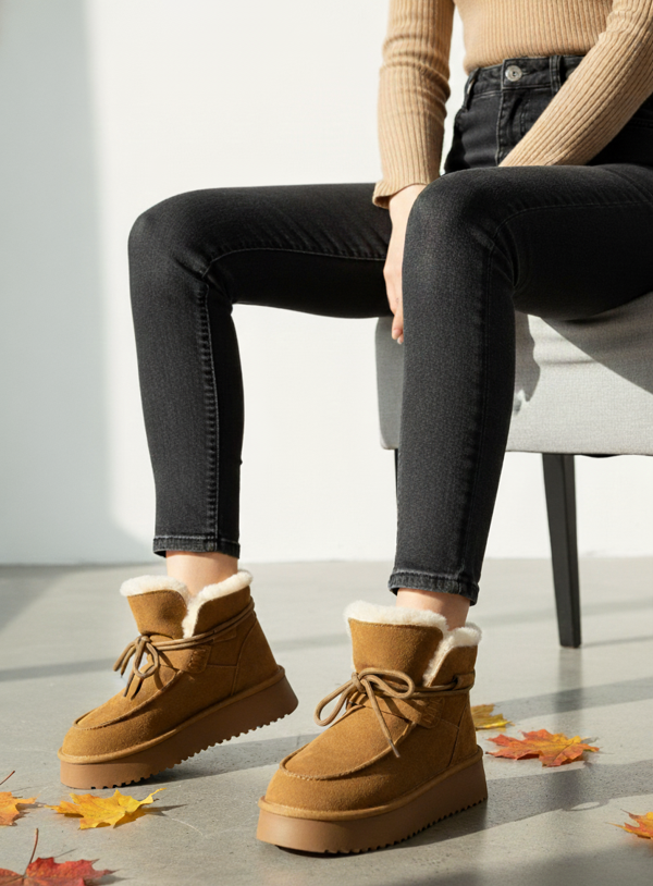 Kadın Taba Süet Yumuşak Deri, Kürklü Kışlık Bağcıklı Bot - Image 1