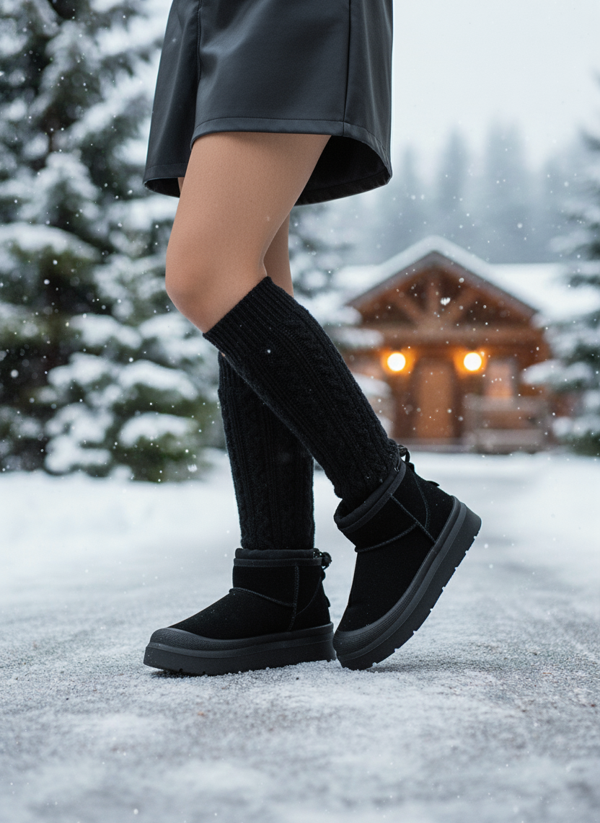 Kadın Siyah Süet Yumuşak Deri, Kürklü Kışlık Bağcıklı Bot - Image 1