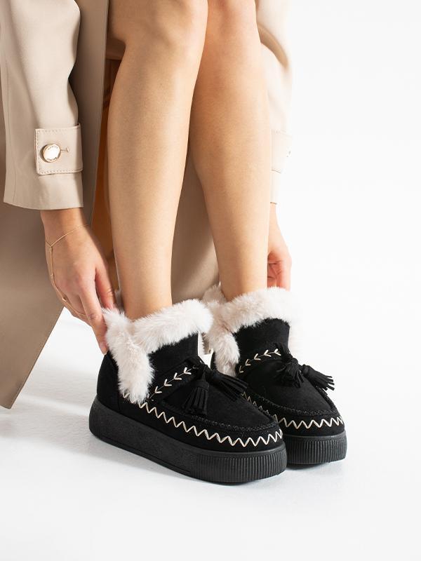 219851142-1P Kadın Yumuşak Rahat Kürklü Bot - Tekstil Süet Kışlık Siyah Bot - Image 1