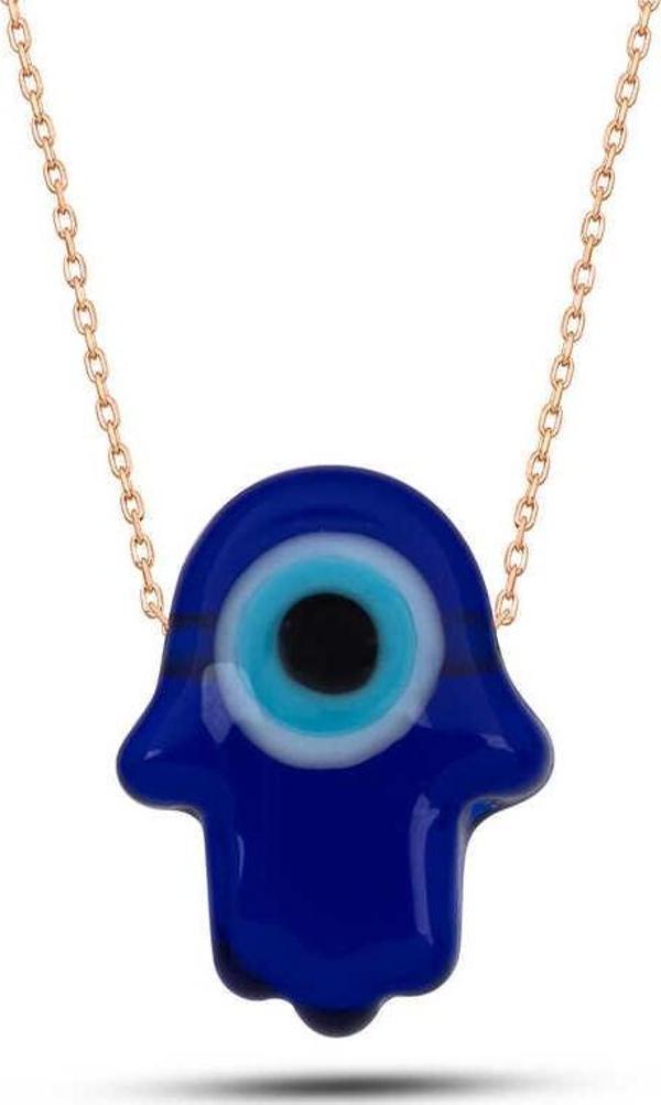 925 Ayar Gümüş Rose Mavi Nazarlı Cam Fatma Ana Eli Kadın Kolye - Image 1