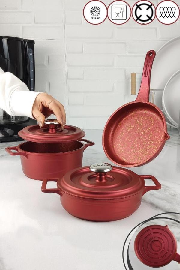 Digithome Oms 3’lü Mini Döküm Tencere Seti Kırmızı – 3720 – 3721 – 3722 C1-1-71 - Image 1