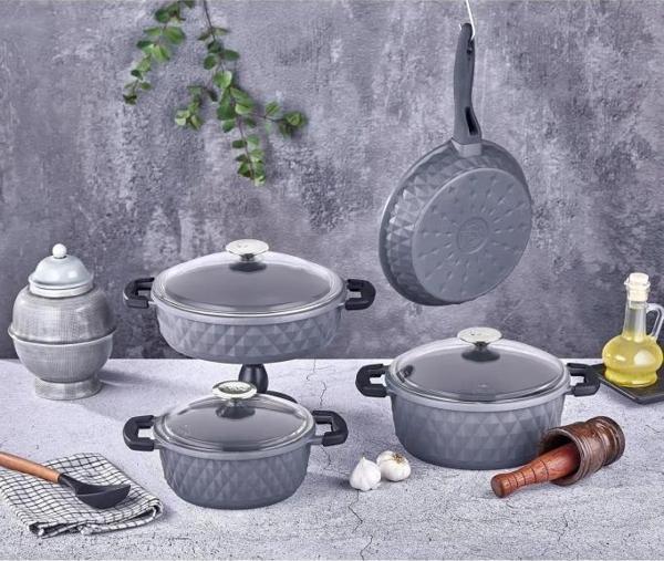 Taç Carabella 7 Parça  Cam Kapak Döküm Tencere Seti Gri - TAC-3818 - Image 1