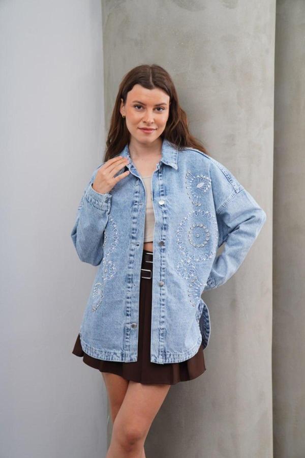 Kulina Kadın Desenli Taş İşlemeli Uzun Kot Gömlek Ceket - Image 1