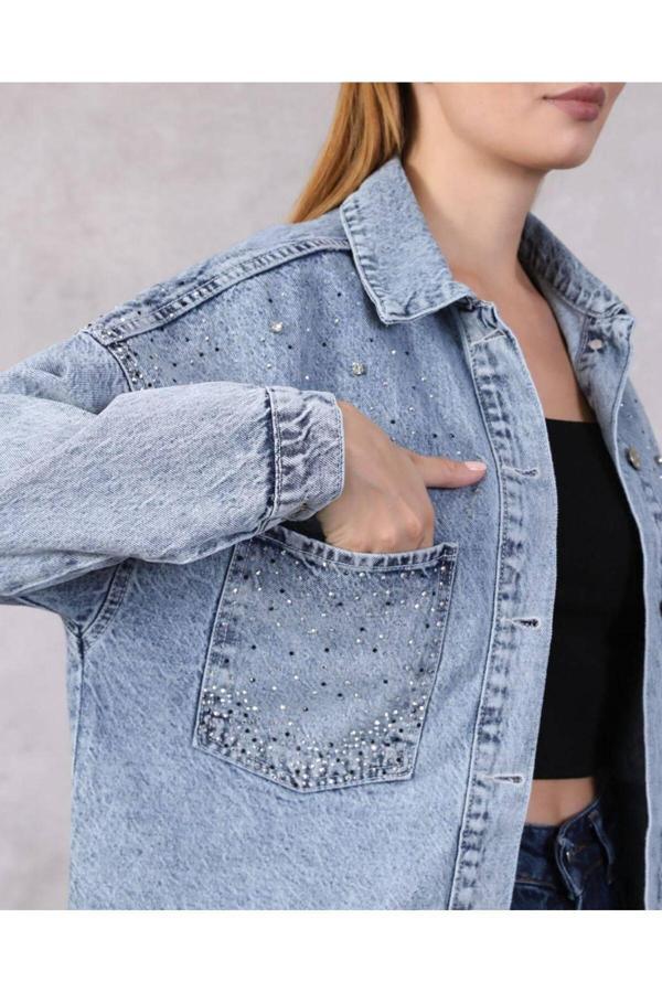 Kulina Kadın Taş Detaylı Denim Gömlek - Image 1