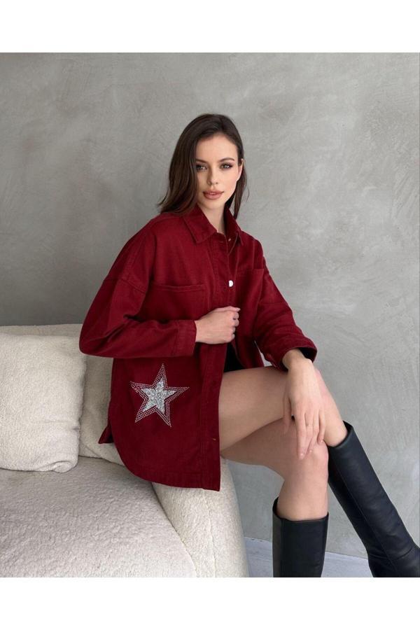 Kulina Kadın Yıldız İşlemeli Oversize Shacket - Uzun Boy Salaş Kışlık Gömlek Ceket - Image 1