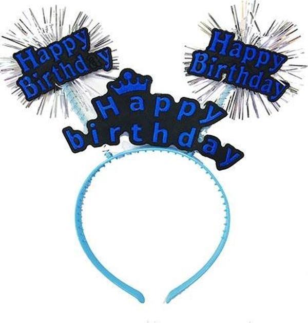 Happy Birthday Yazılı Püsküllü Neon Mavi Renk Doğum Günü Tacı 22x19 cm - Image 1