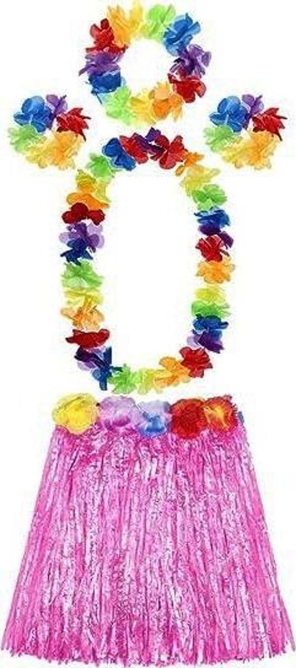 Yetişkin ve Çocuk Uyumlu Luau Aloha Hawaii Pembe Etek ve Renkli Kolye Taç 2 Adet Bileklik Seti - Image 1