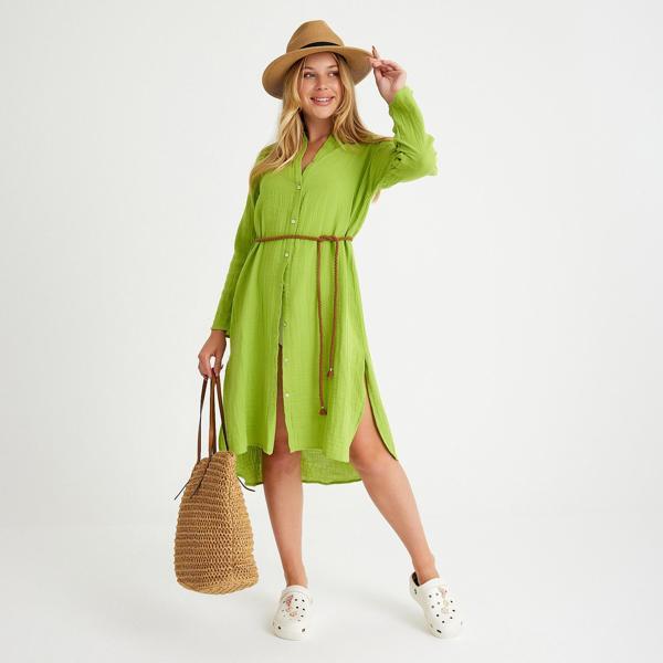 %100 Pamuklu Dokuma Müslin Hakim Yaka Kemer Detaylı Plaj Gömlek Elbise - Image 1