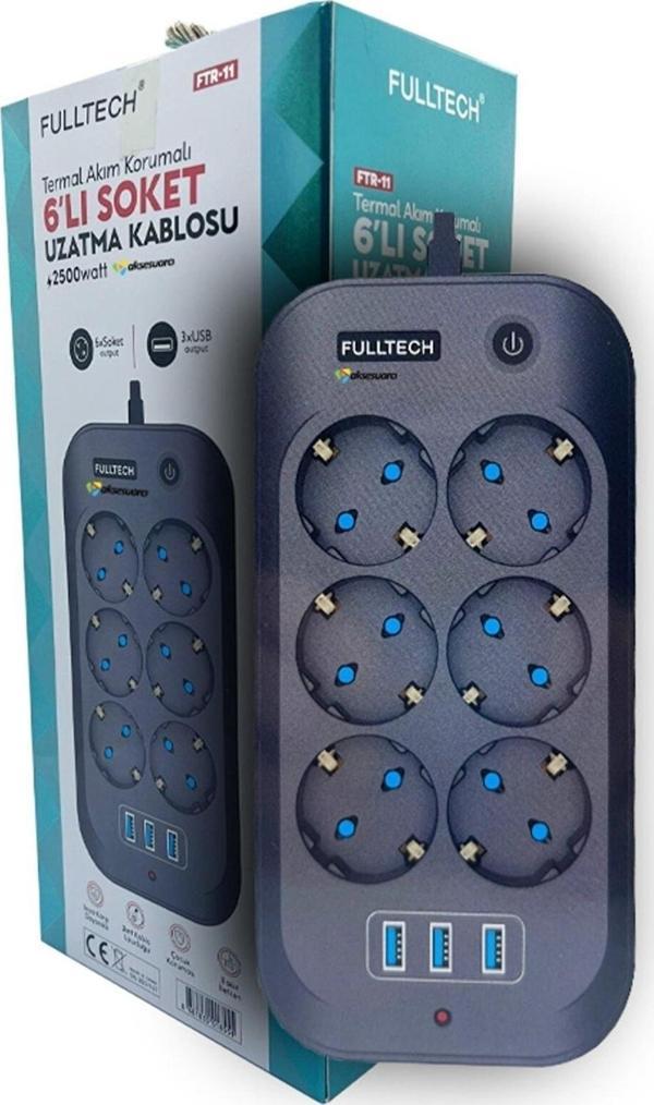 Fulltech Termal Akım Korumalı, Çocuk Korumalı, 6'lı 2 Mt Uzatma Kablosu 6 X Priz, 3 X Usb - Image 1