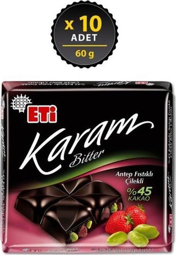 Karam %45 Kakaolu Antep Fıstıklı Çilekli Çikolata 60 gr x 10 Adet - Image 1