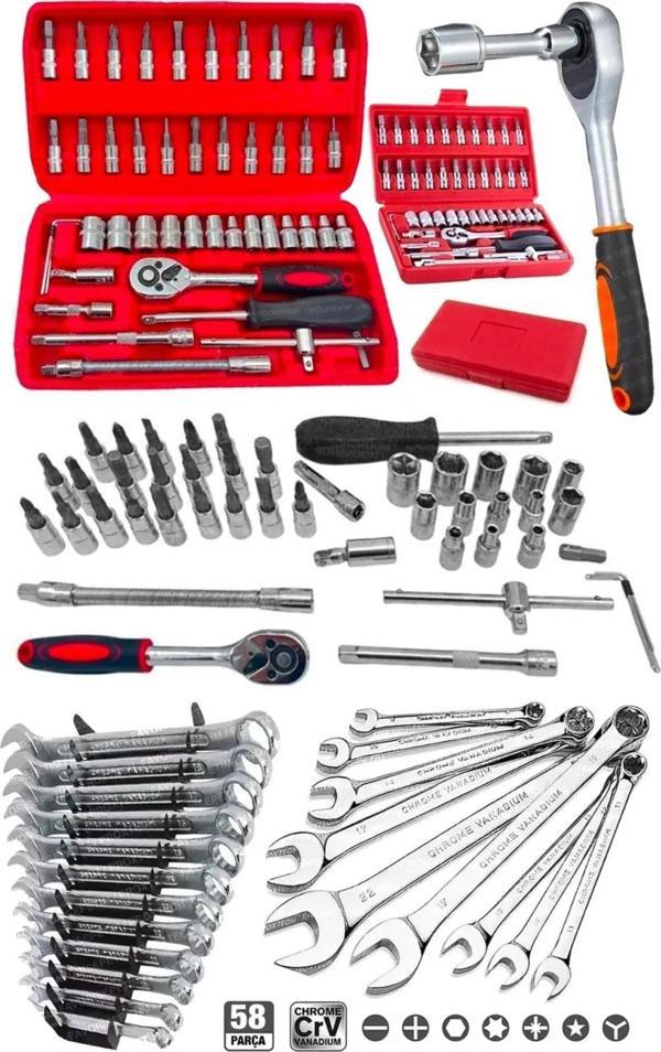 Moonshop 58 Parça 46Mini Lokma Takımı Otomatik Cırcırlı 1/4" 12 Parça Kombine Açık Ağız - Yıldız Anahtar Takım - Image 1