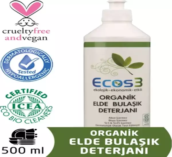 Ecos3 Elde Bulaşık Deterjanı Organik & Vegan Ekolojik Hipoalerjenik Aloe Vera’lı 500 ml - Image 1