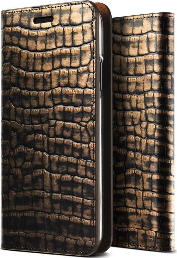 VRS Design İPhone X ile Uyumlu Genuine Croco Diary Kılıf Dark Gold - Image 1