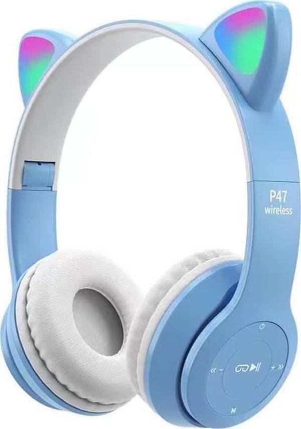 Torima P47M Sevimli Renkli Kedi Kulak Bluetooth Kulaklık Mavi - Image 1