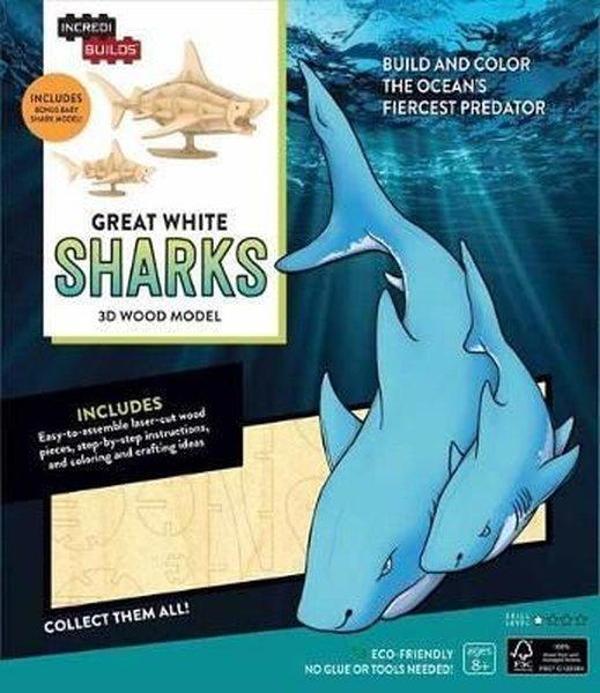 IncrediBuilds-Great White Sharks 3D Wood Model - Insight Toys - Image 1