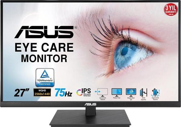 ASUS VA27AQSB 27" LED IPS 1ms 75Hz 2560x1440 WQHD HDMI DP USB Multimedya (Vesa) Pivot Sync Low Blue Siyah Monitör - Image 1