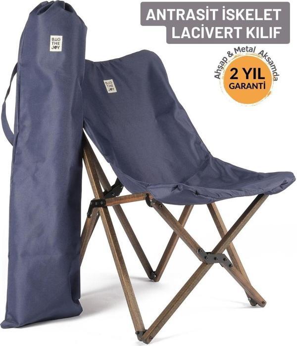 Bag The Joy Ahşap Katlanır Kamp & Bahçe Sandalyesi – Antrasit Iskelet - Lacivert Kılıf - Image 1