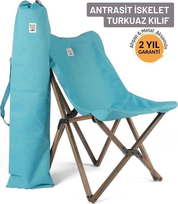 Bag The Joy Ahşap Katlanır Kamp & Bahçe Sandalyesi – Antrasit Iskelet - Turkuaz Kılıf - Image 1