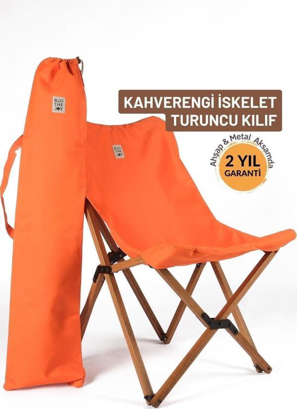 Bag The Joy Ahşap Katlanır Kamp & Bahçe Sandalyesi – Kahverengi Iskelet - Turuncu Kılıf - Image 1
